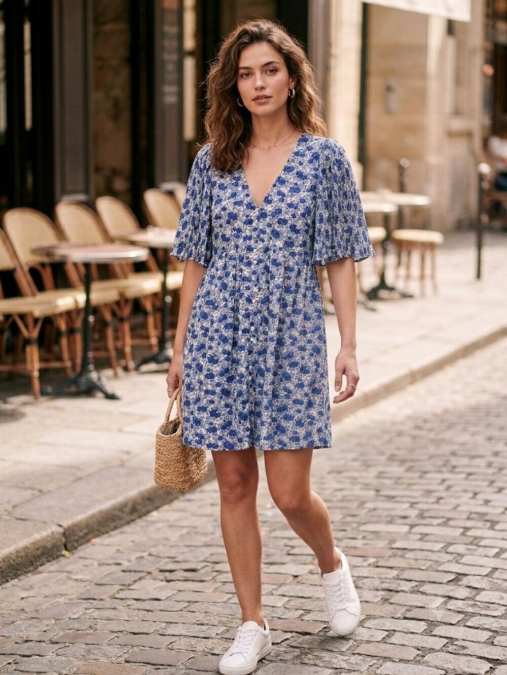 Sézane Melinda Peonies Bleu Mini Floral Dress 36 French Coquette Romantic Paris